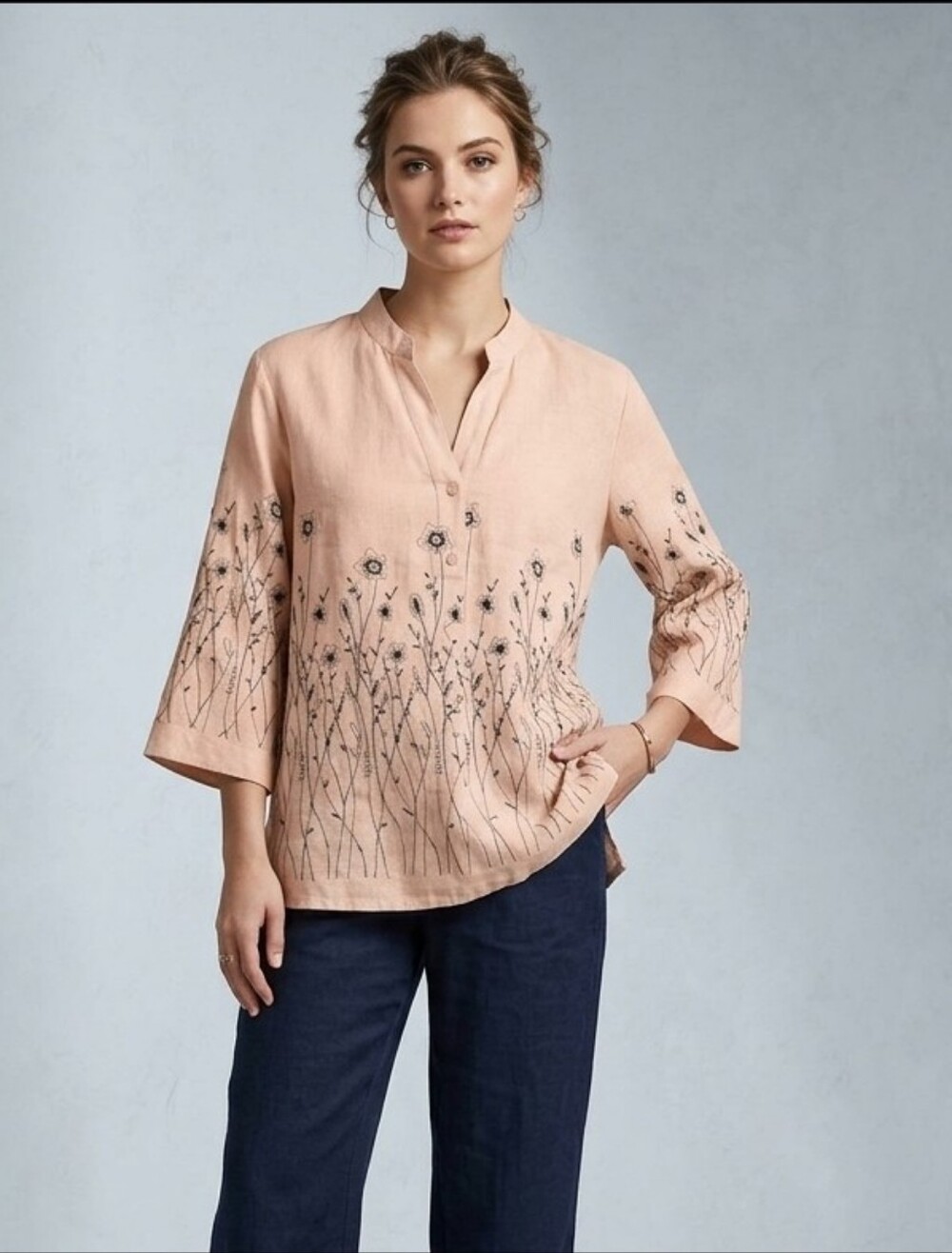 Tweeds 100% Linen Floral Embroidered Blouse Top 3X Boho Cottagecore